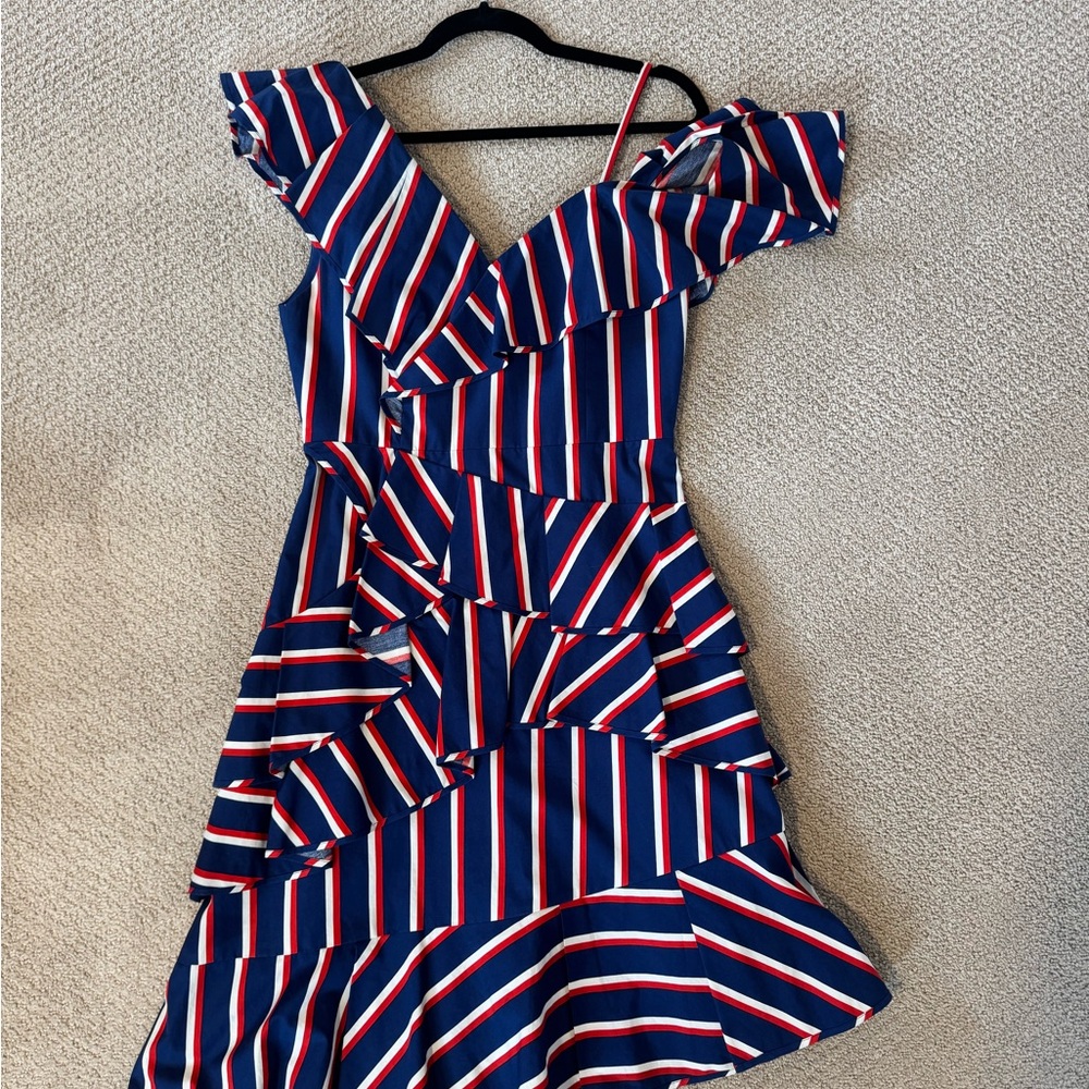 Alice + Olivia Asymmetrical Striped Dress in Blue and Red